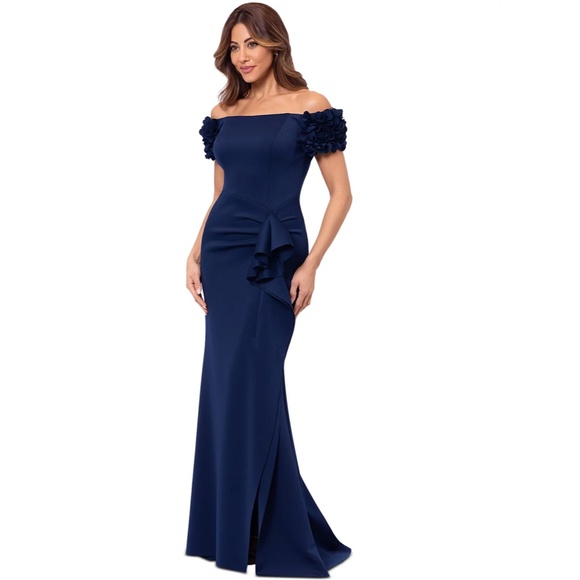 NEW XSCAPE Navy ROSETTE Floral SLEEVE Off The Shoulder RUCHED Scuba Crepe GOWN 6 - Picture 15 of 16